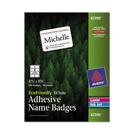 Avery Dennison Avery, ECOFRIENDLY ADHESIVE NAME BADGE LABELS, 3.38 X 2.33, WHITE, 160PK 42395